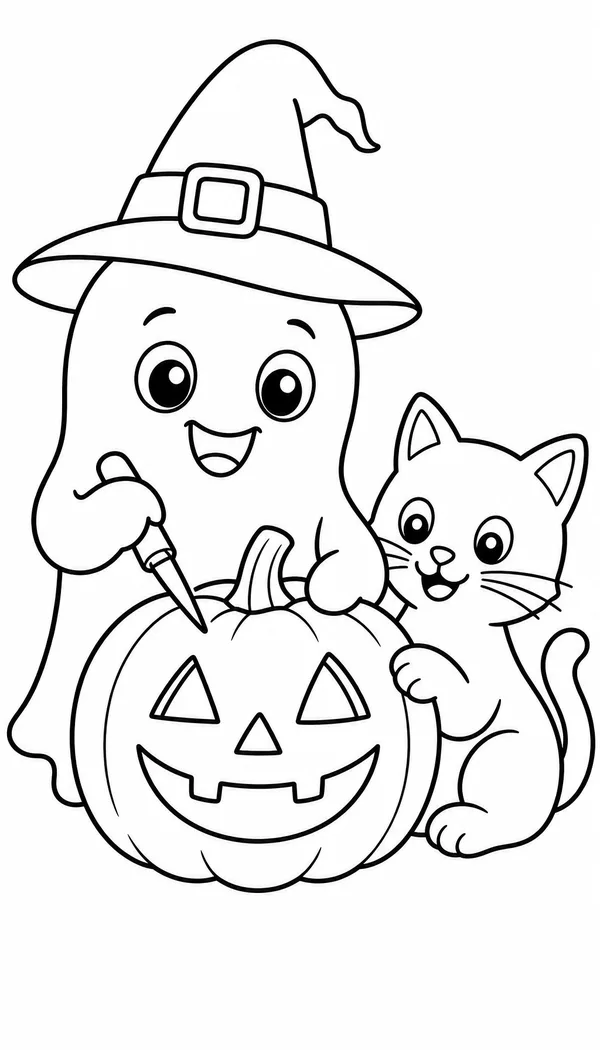 Page 3: carving a jack-o-lantern with a friendly cat