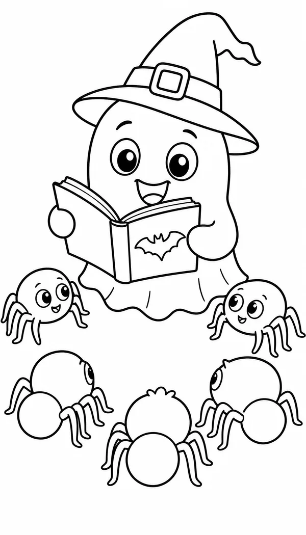 Page 8: reading a spooky story to little spider friends