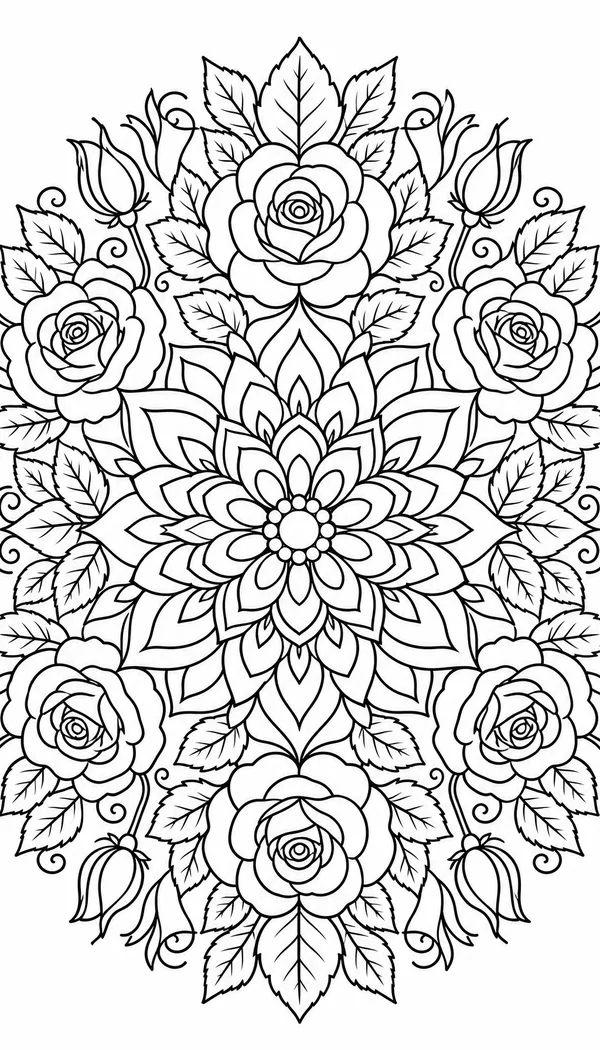 Page 1: intricate floral mandala with rose petals and leaves