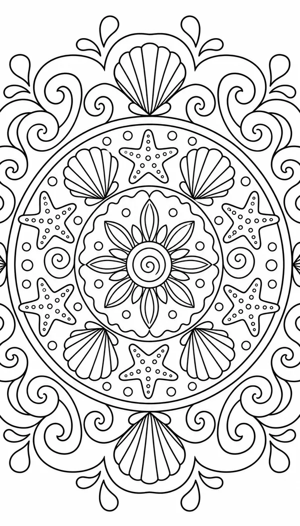 Page 4: ocean mandala with waves shells and starfish