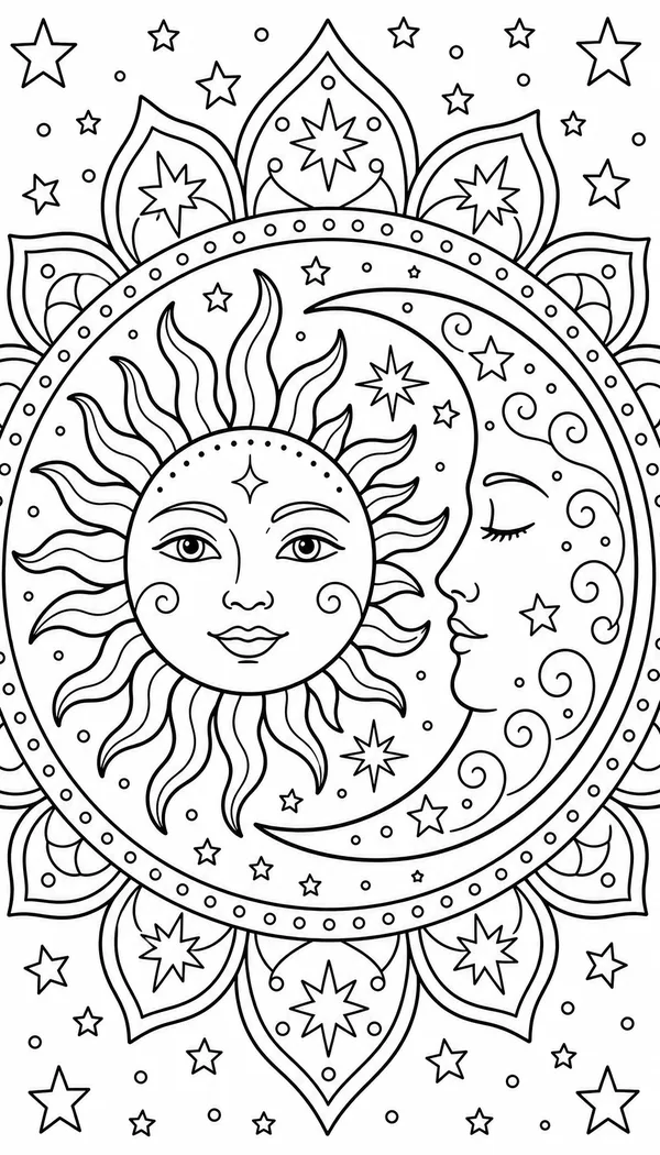 Page 5: sun and moon celestial mandala with stars