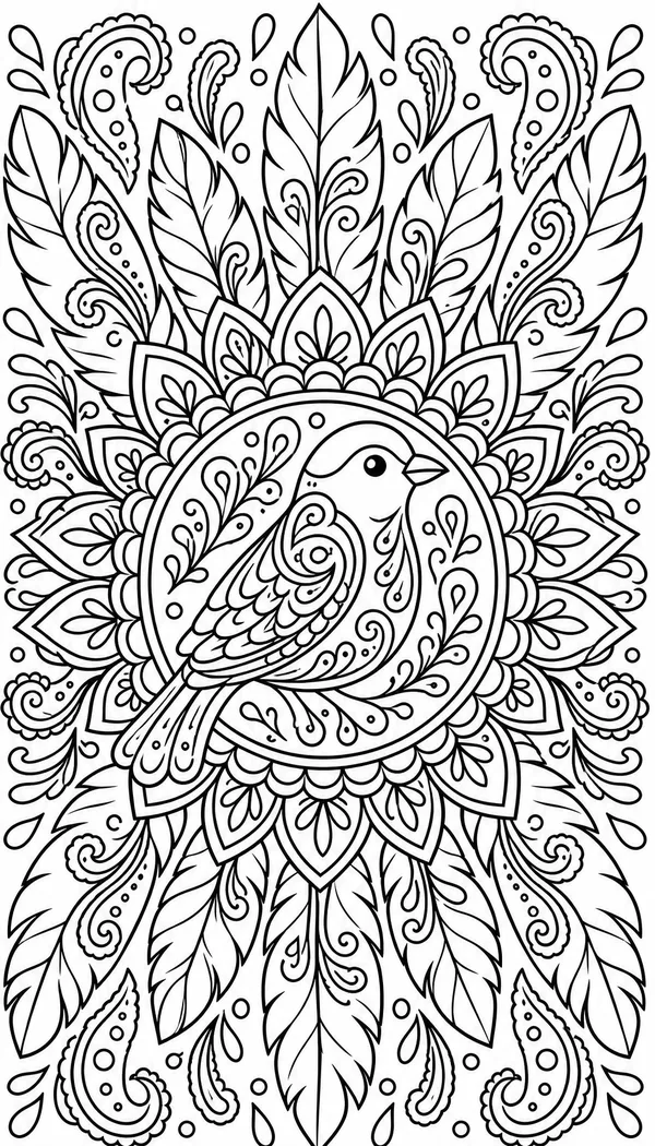 Page 7: bird and feather mandala with paisley details